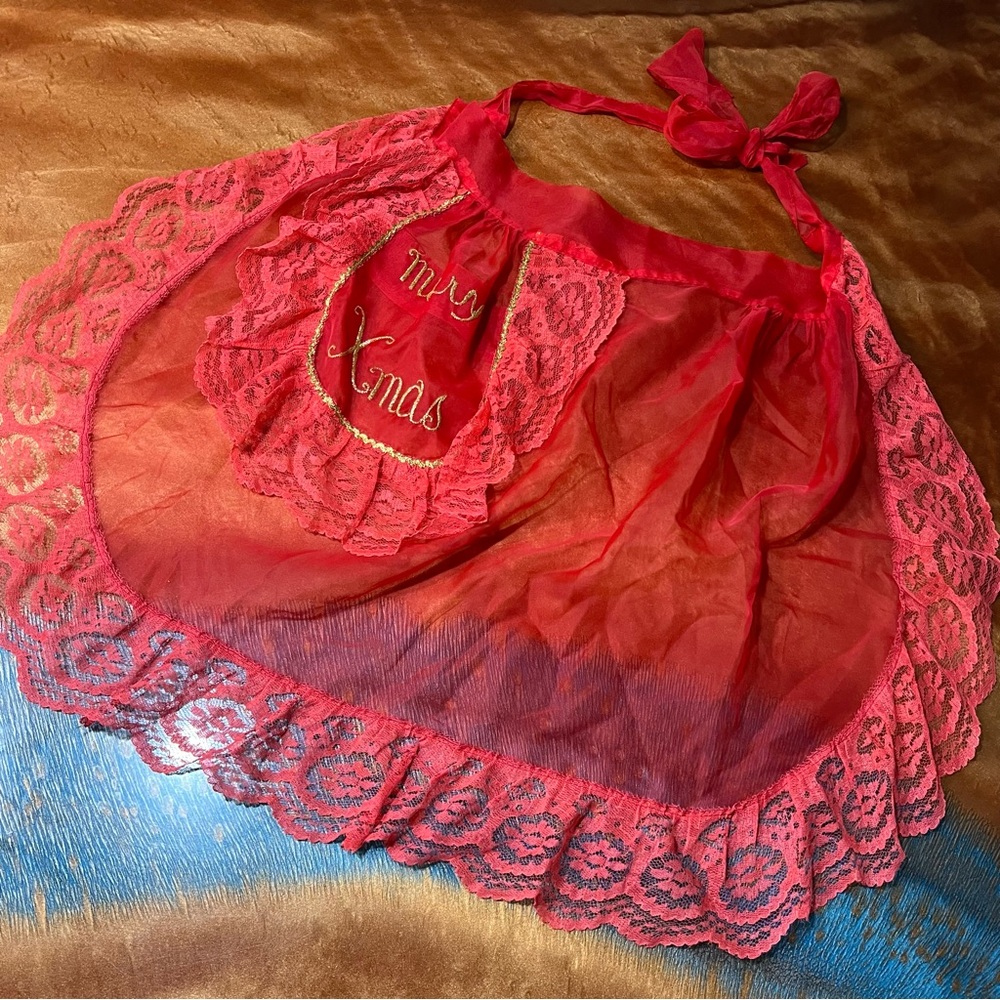 Vintage Red Sheer and lace Merry Christmas Waist apron